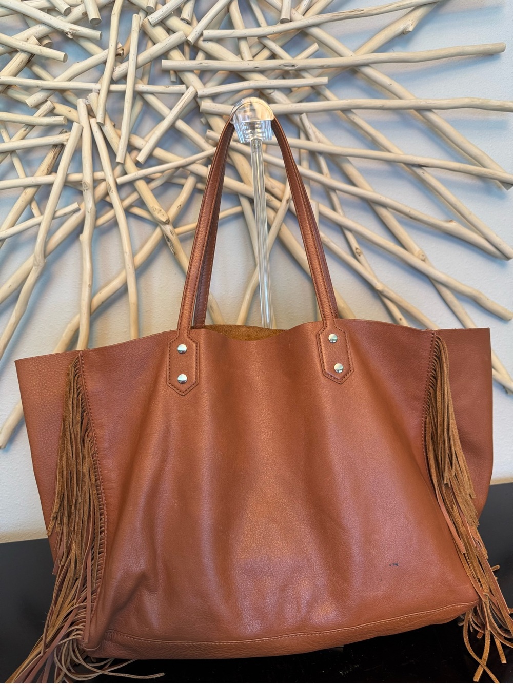 Gorgeous genuine leather fringe tote in a rich cognac brown 🤎 - Picture 2 of 7